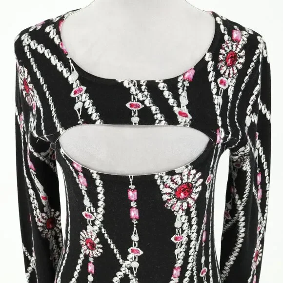 Cache Sweater Womens Medium Black Pink Low Cut Out Jewelry Print Pullover - Picture 7 of 11